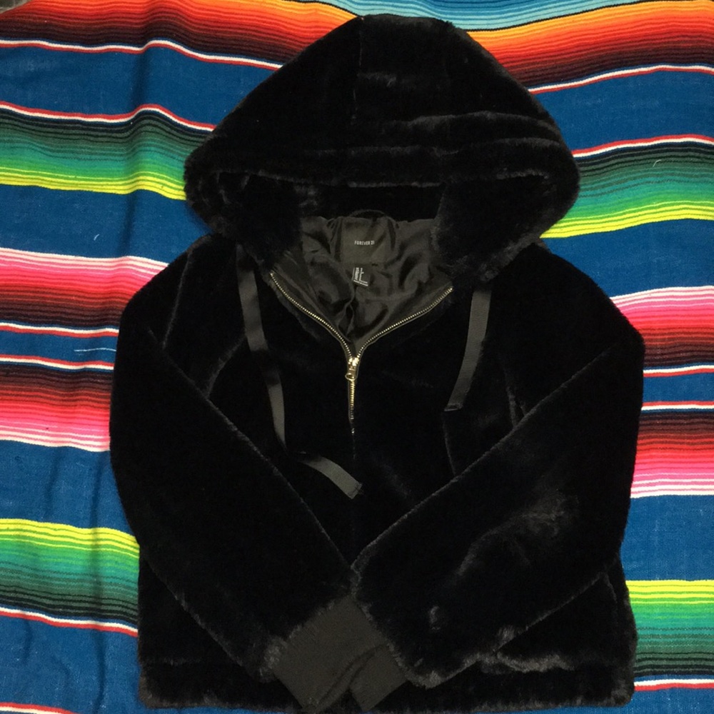FUZZY size small black faux fur forever 21 zip up
